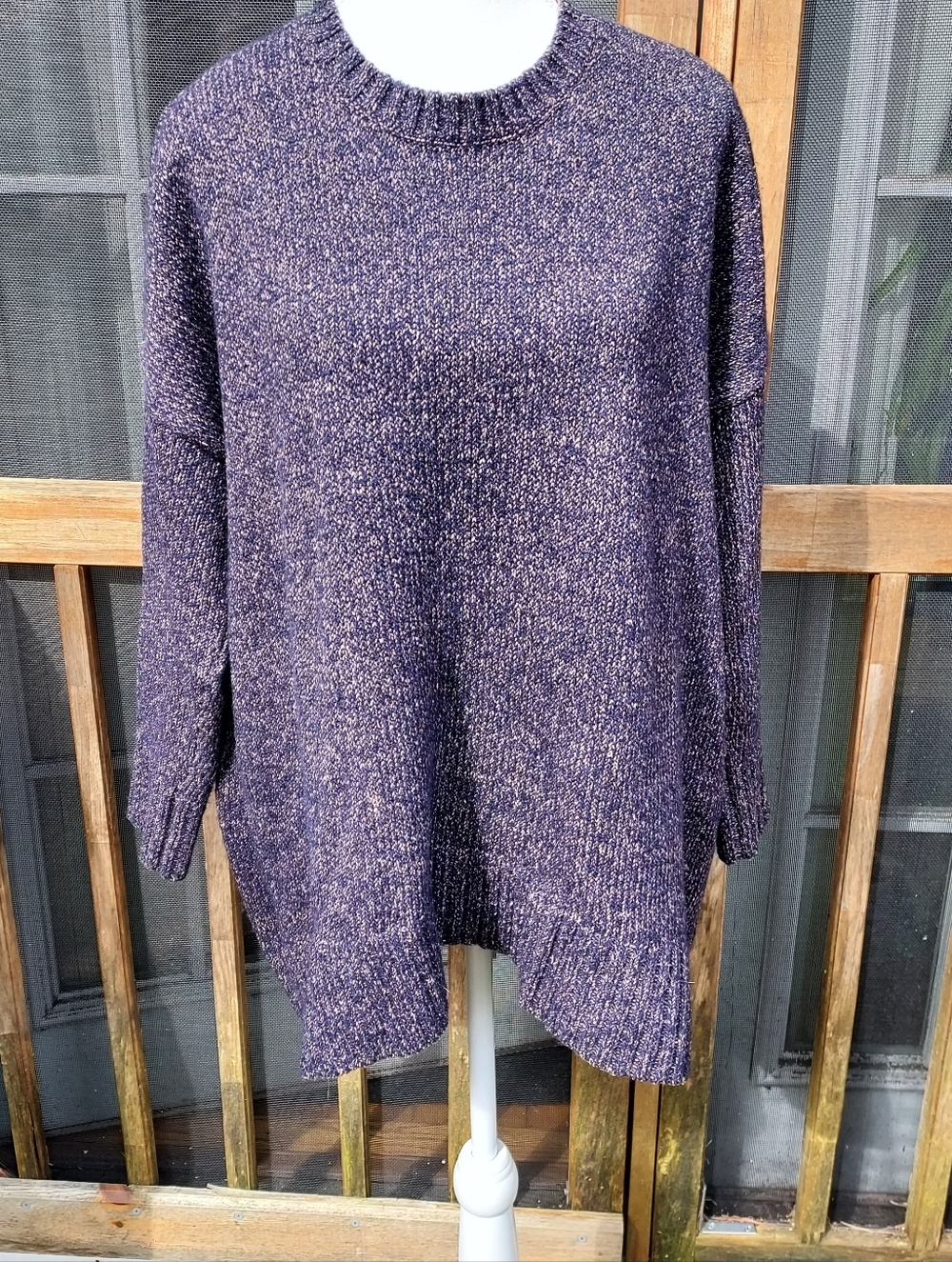 Eileen Fisher Oversized Cotton And Wool Pullover Sweater In Navy And Tan